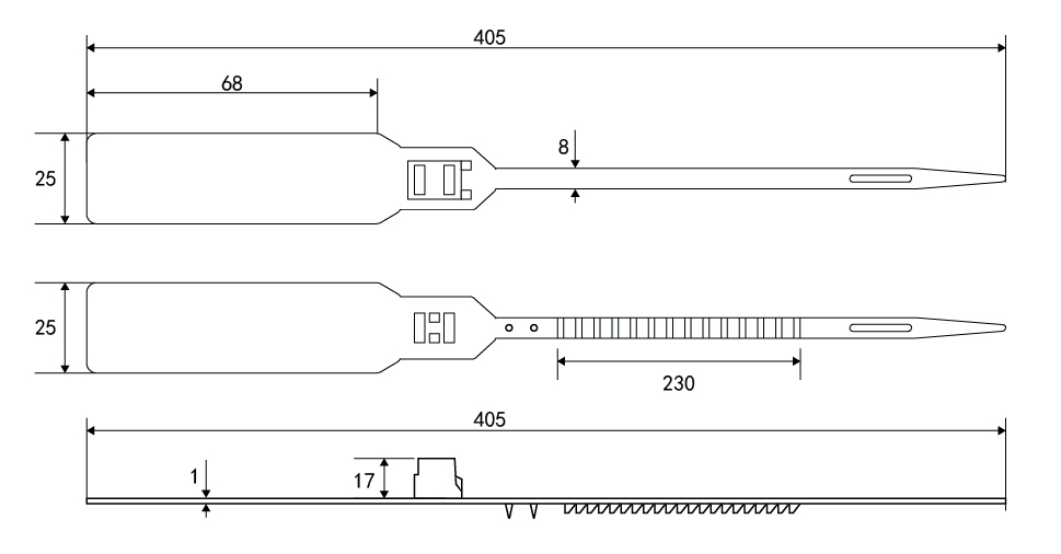 Multi caliber disposable tensioning plastic cable safety sealing strip seal JHP036-1 5 Dimensional Drawing JHP036-1